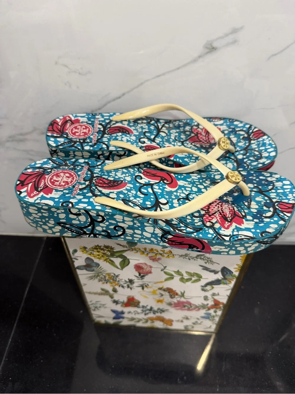 Tory Burch Teal Floral Flip Flops with Cream Straps